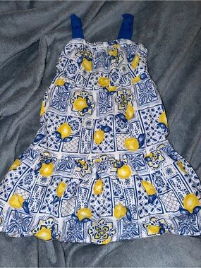 Girls Blue & Yellow Lemon Print Sundress - Cute Summer Dress